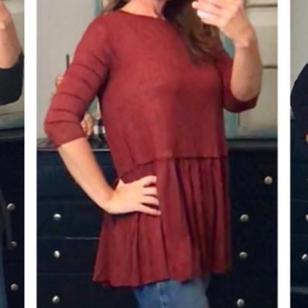 Brick color ruffle shirt with 3/4 sleeves.